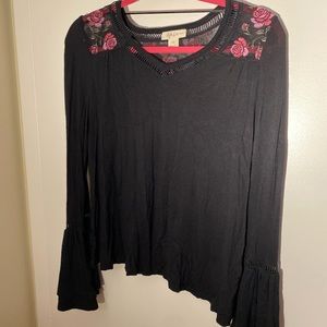 Style&Co Black Shirt with Floral Mesh Shoulders and Flare Sleeves